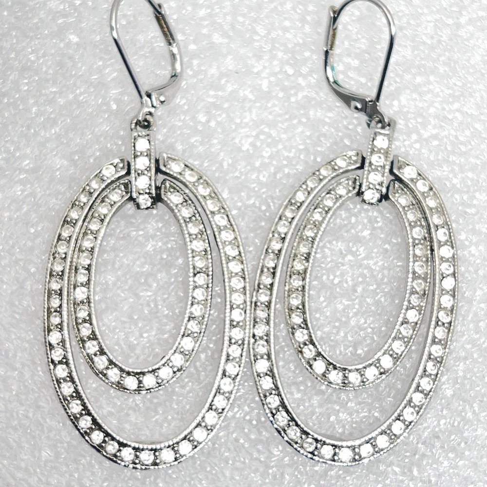 Authentic Givenchy Double Drop Earrings Pave Crystal Lever back Silver Tone✨
